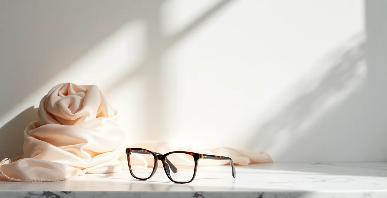 Nature morte élégante avec lunettes et foulard disposés artistiquement