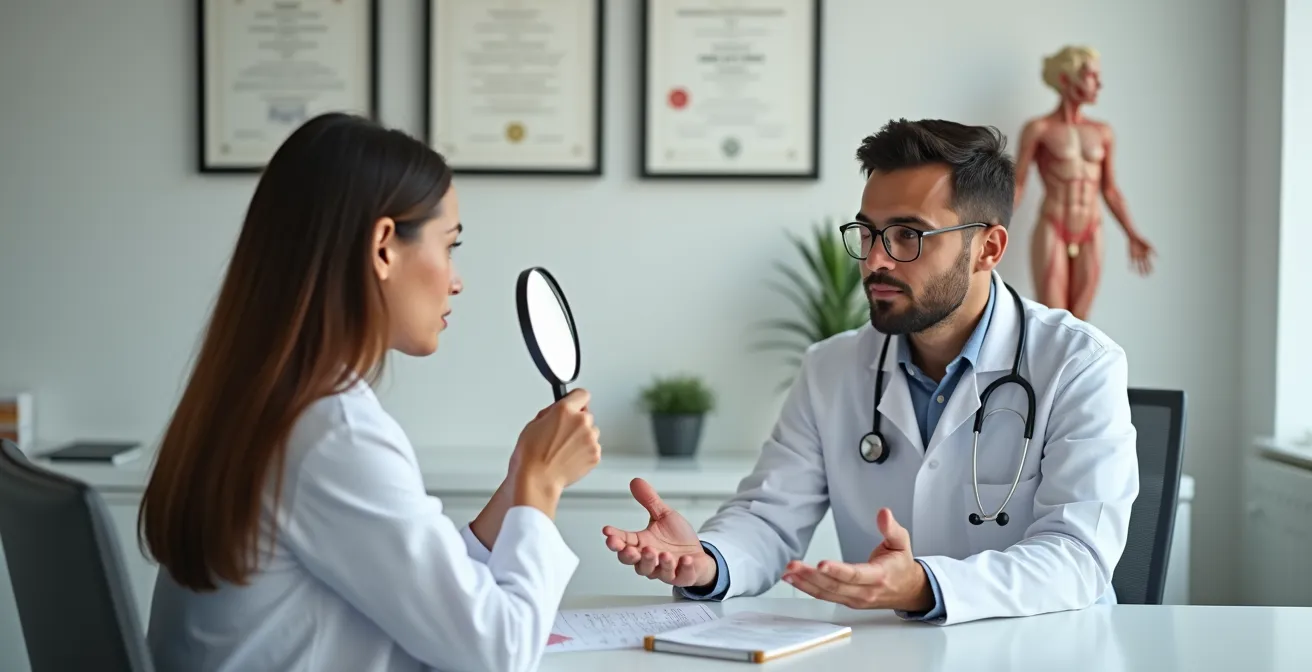 Consultation médicale entre un praticien et une patiente en discussion, symbolisant l'écoute et la confiance.