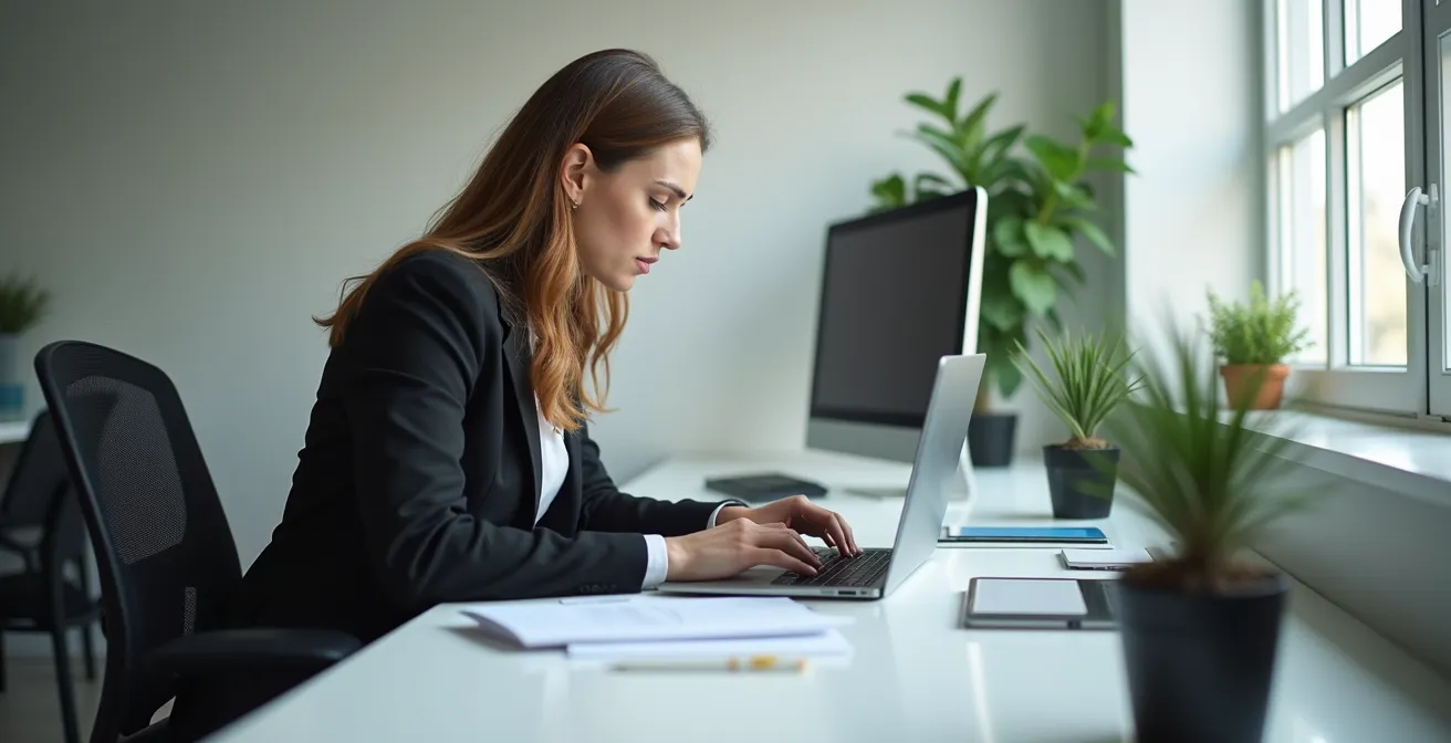 Femme au bureau devant un ordinateur avec posture penchée et front plissé, illustrant le lien entre mauvaise posture et tensions faciales.