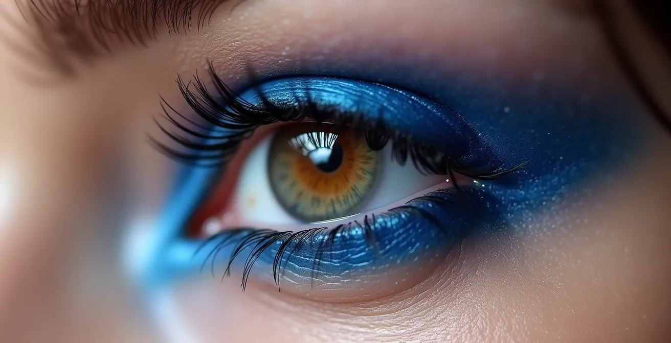 Gros plan macro sur un œil avec fard bleu nuit mat appliqué en dégradé subtil