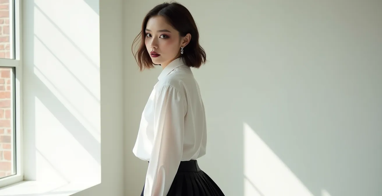 Portrait en plan moyen montrant une fusion équilibrée entre maquillage gothique et style vestimentaire preppy