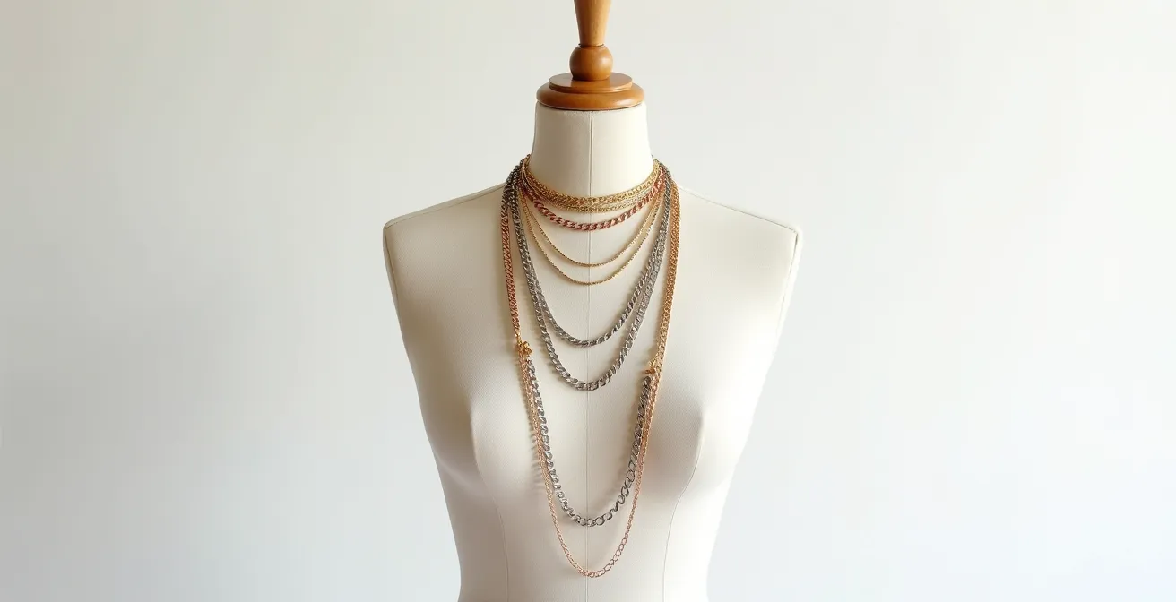 Détail de plusieurs colliers superposés sur un mannequin, montrant différentes longueurs et textures