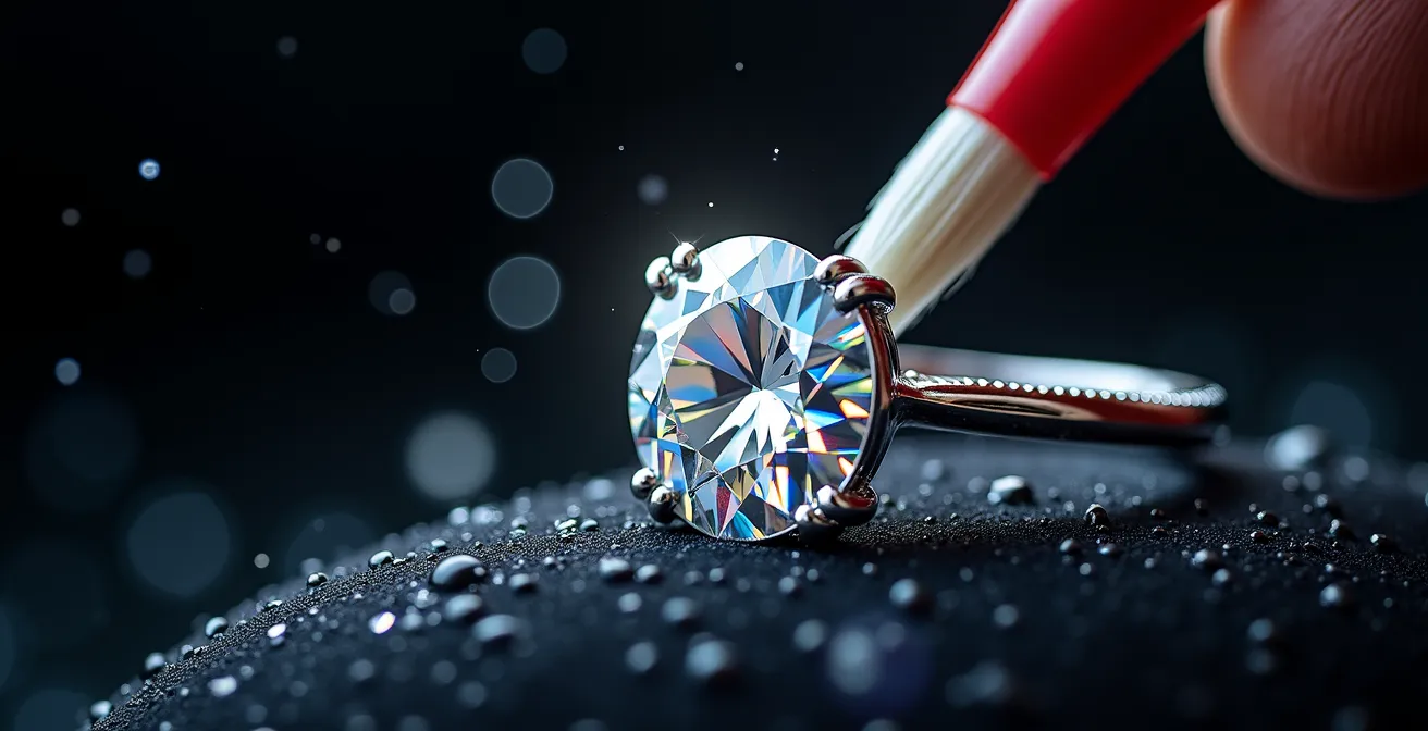 Gros plan macro d'un diamant brillant sur une bague après nettoyage