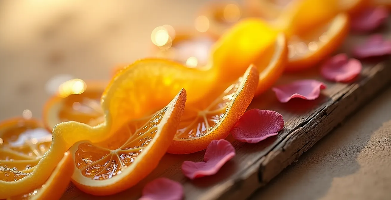 Composition abstraite représentant les couches d'un parfum avec des éléments naturels