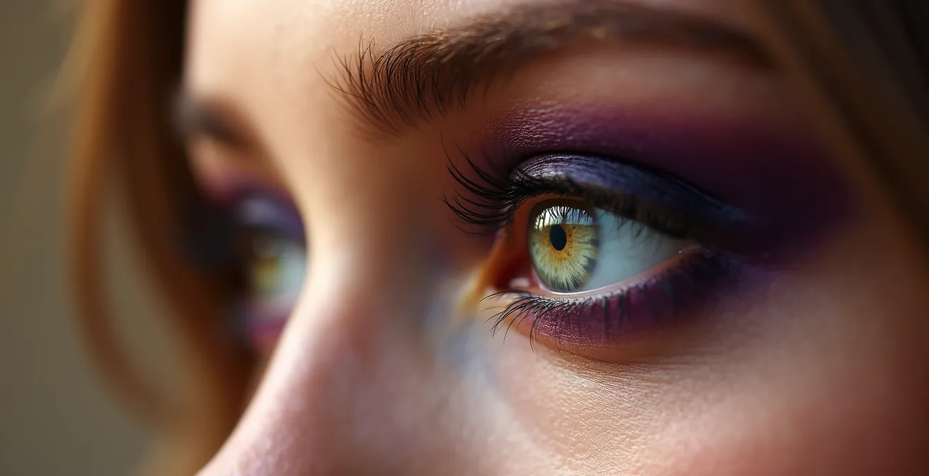 Œil maquillé montrant la technique du smoky inversé avec violet sur la paupière et bronze sous l'œil